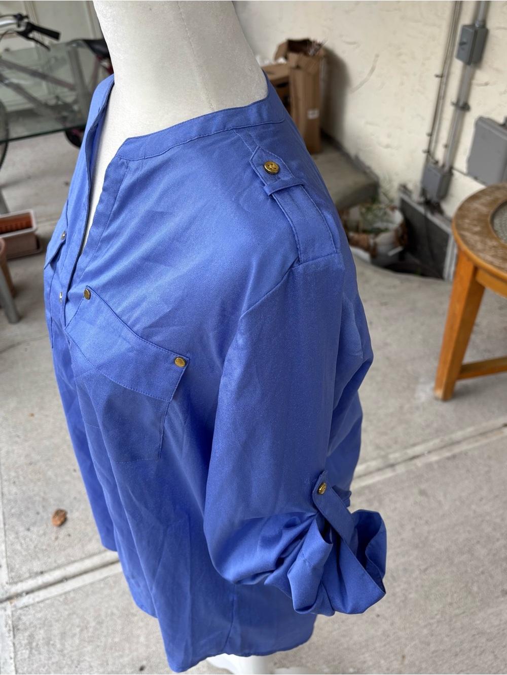 Charter Club Muted Slate Blue Utility Roll-Tab Blouse - Size Medium (Like New) - Picture 4 of 9